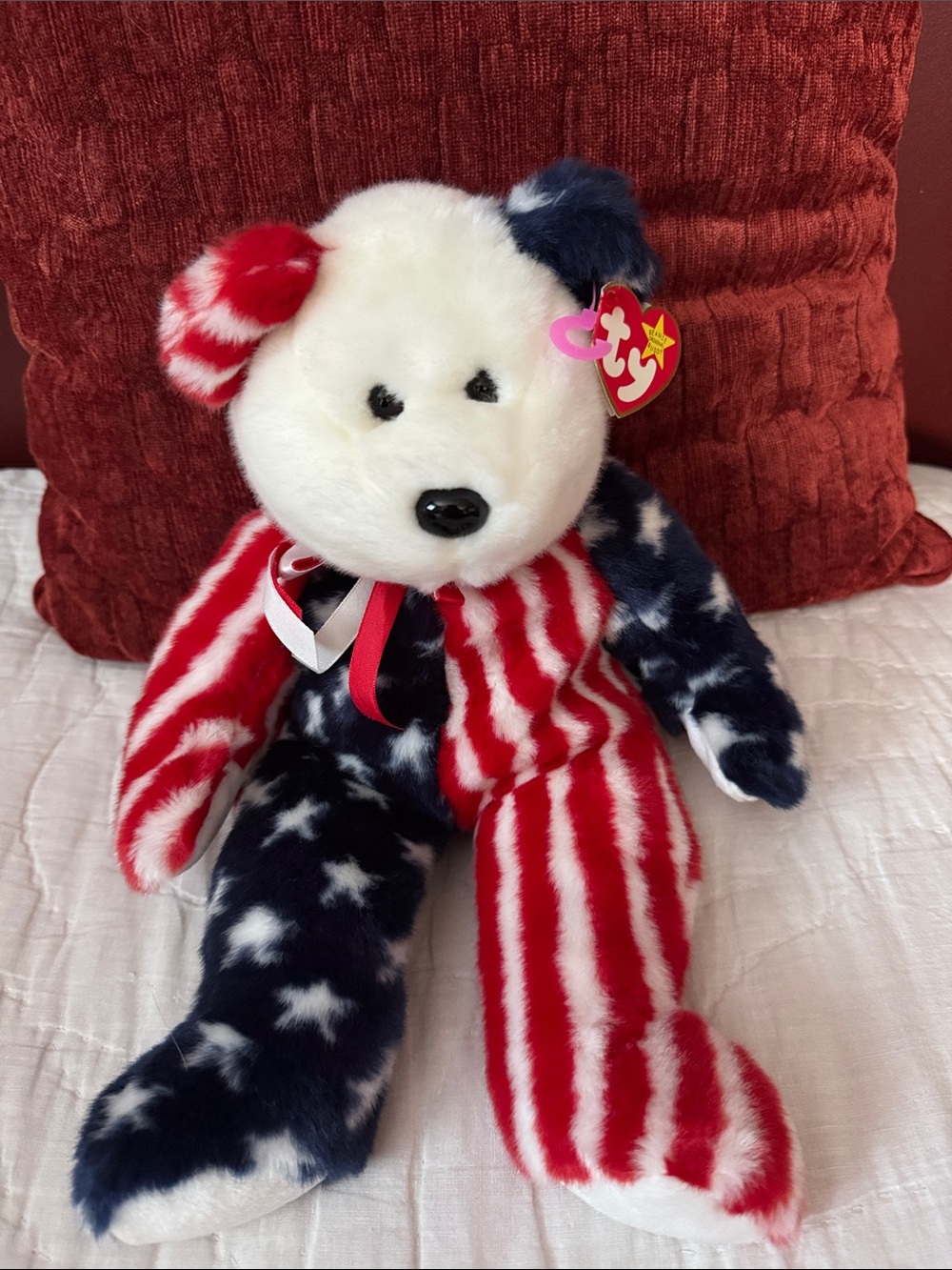 Ty Beanie Buddy Spangle the Bear 1999 Patriotic 14" White Face Mint Tags